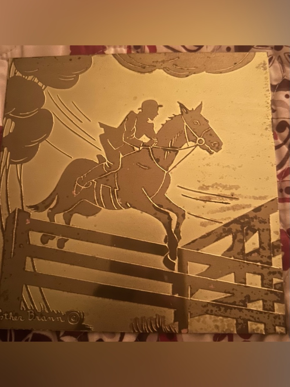 Vintage gilt & acid-etched metal of horse & rider  by artist Esther Brann.